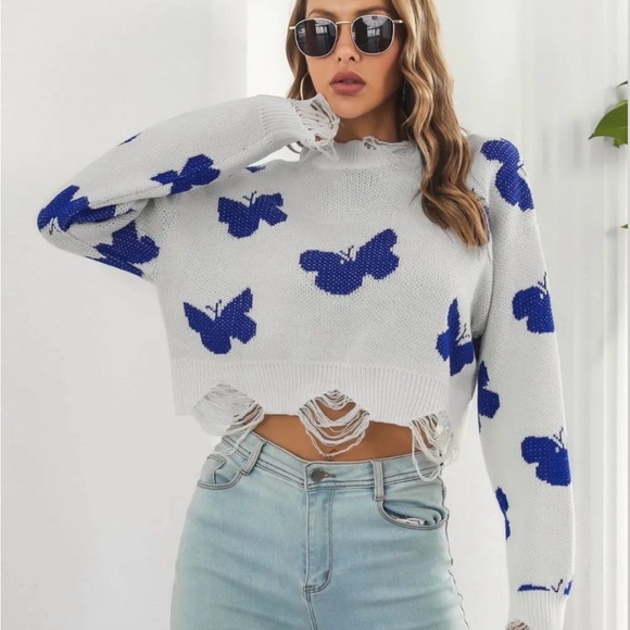 Blue Butterfly Pattern Distressed Sweater - Picture 3 of 3